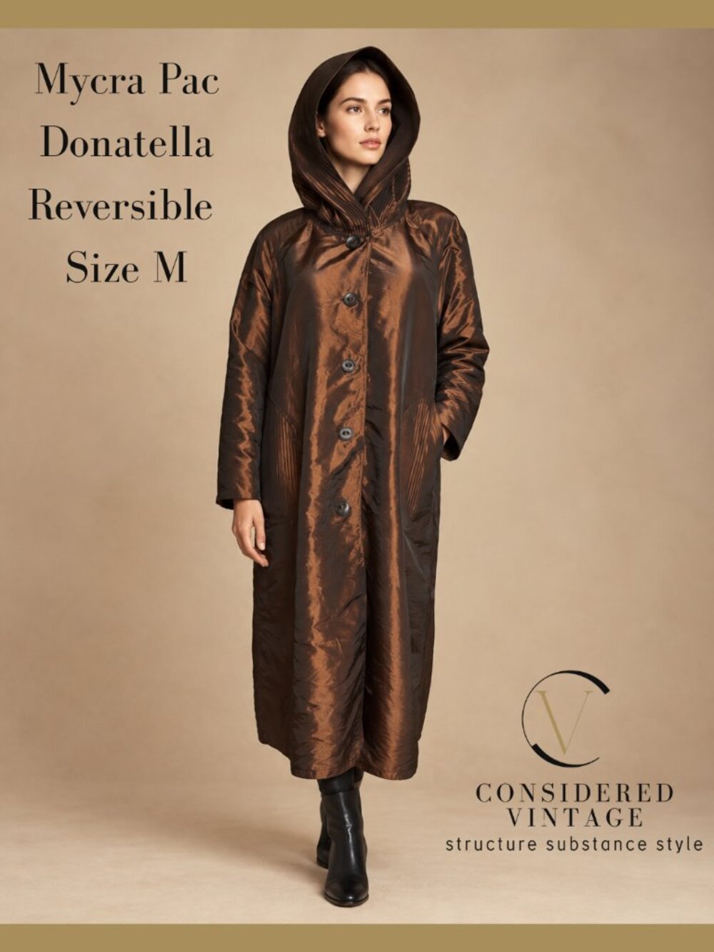Mycra Pac Donatella Reversible Travel Raincoat Bronze Gold Pleated Hood